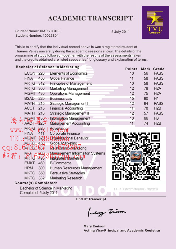 英国泰晤士河谷大学成绩单样本|英国泰晤士河谷大学学历证