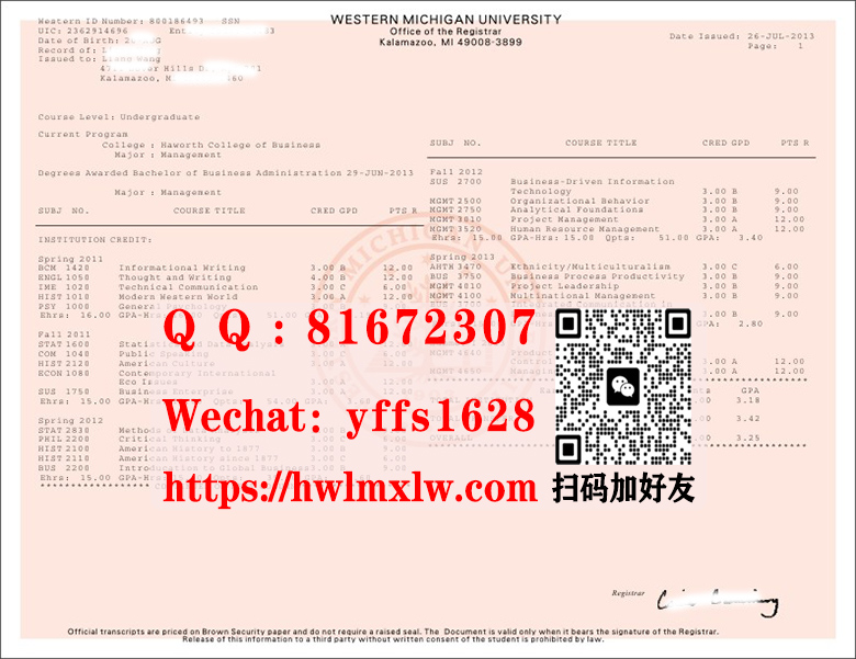 美国西密歇根大学成绩单范本Western Michigan University transcript