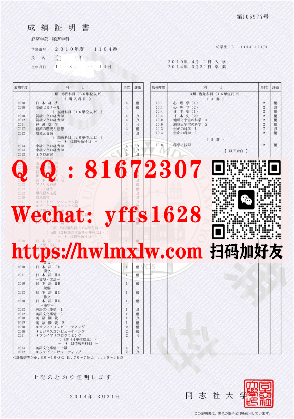 日本同誌社大學成績證明書範本|同誌社大學學士修士學位記