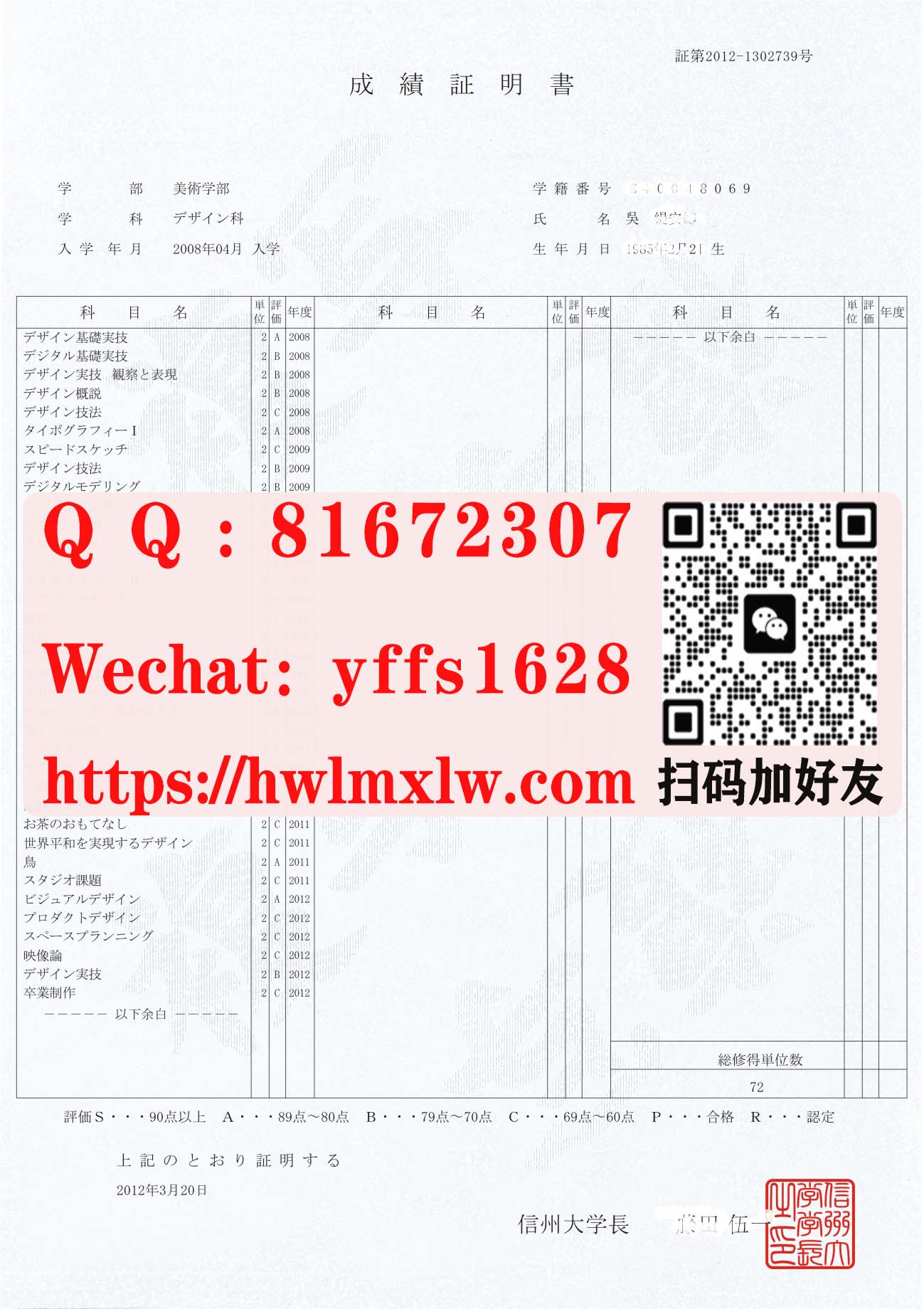 日本信州大学成绩单,信州大學成績證明書範本